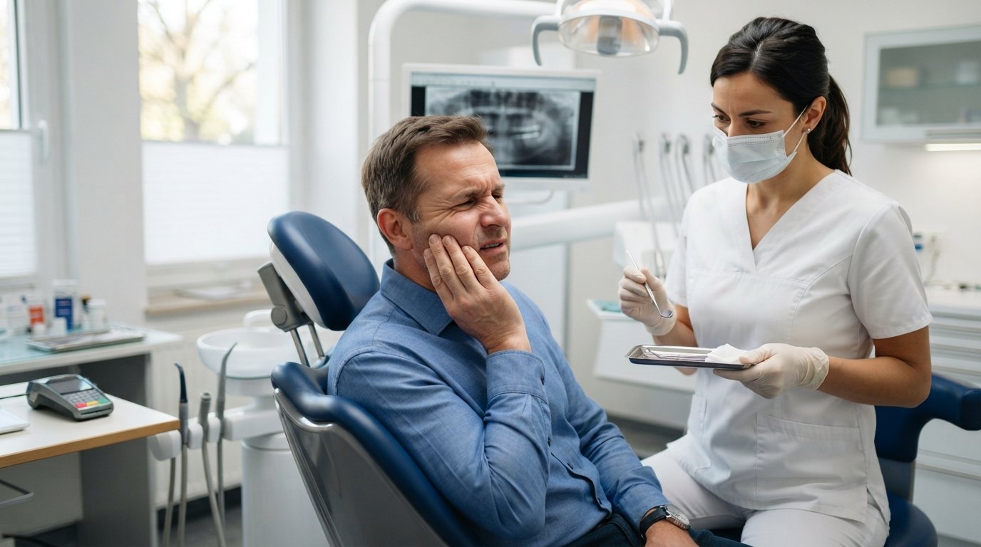 Middle-aged man in a blue shirt holds his cheek in pain while a masked dentist stands beside him holding a dental mirror…