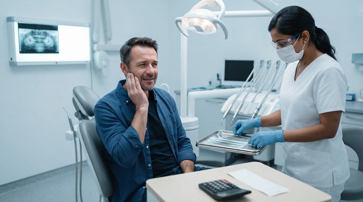 Man in a blue shirt sits in a dental chair holding his jaw, with a dentist preparing tools beside a tray holding a…