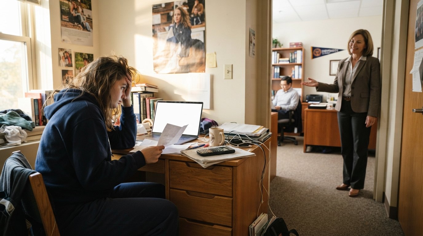 Stressed student in a hoodie at a cluttered dorm desk holds a financial aid letter while looking at a blank laptop screen,…