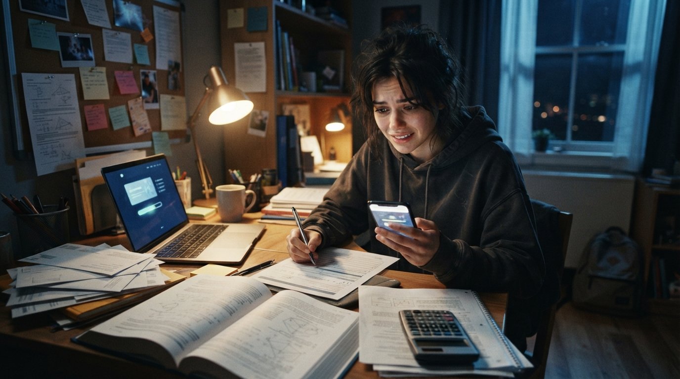 Student in a hoodie at a dorm desk at night, holding a pen over a financial aid form and a phone, with textbooks, bills, a…