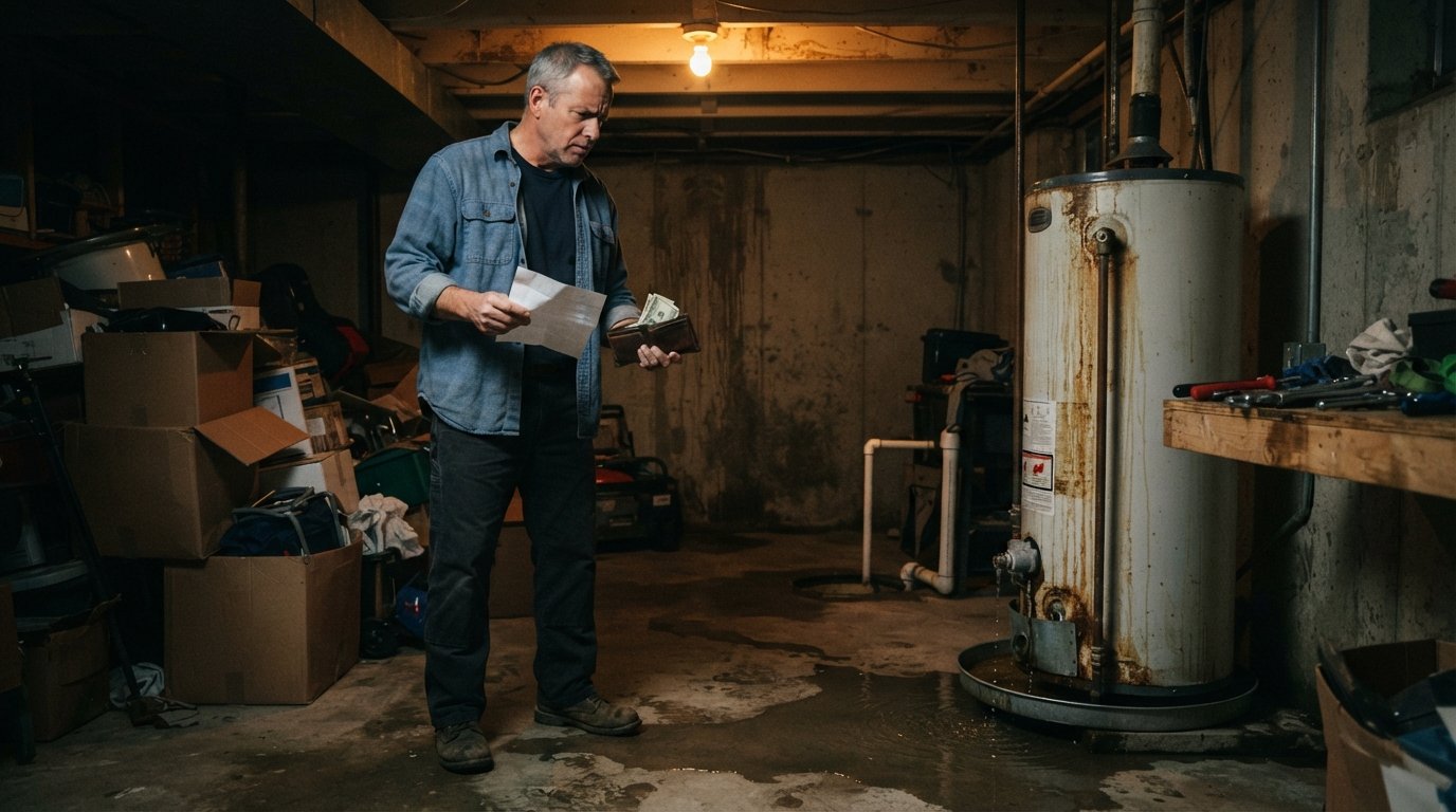Middle-aged homeowner in a dim basement holds a repair estimate and wallet while looking at a leaking water heater and a…