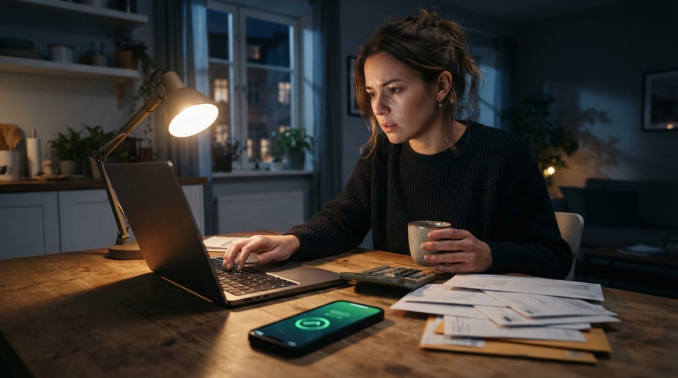 Young woman at a kitchen table at night typing on a laptop with a smartphone showing an approved loan notification beside…