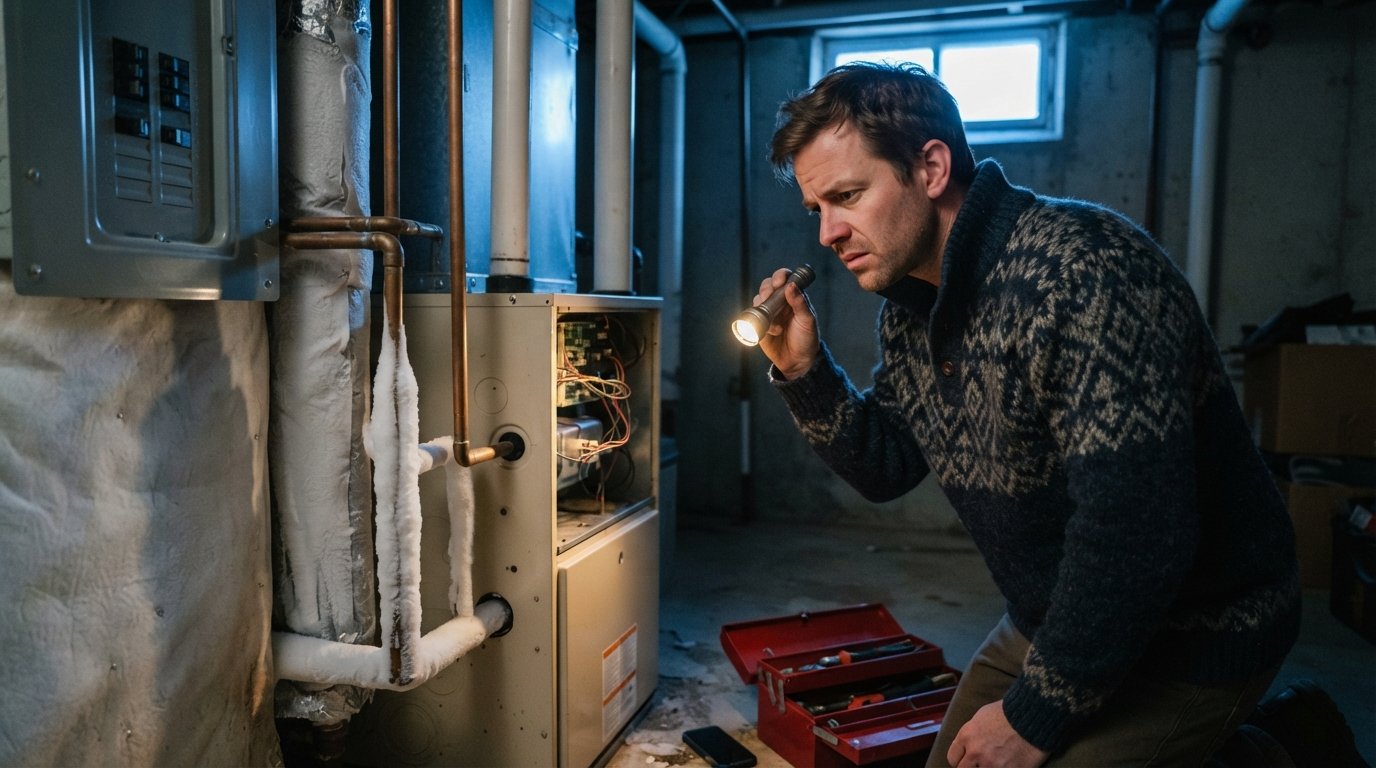 Homeowner in a patterned sweater shines a flashlight on a residential furnace in a dim basement, with a toolbox,…