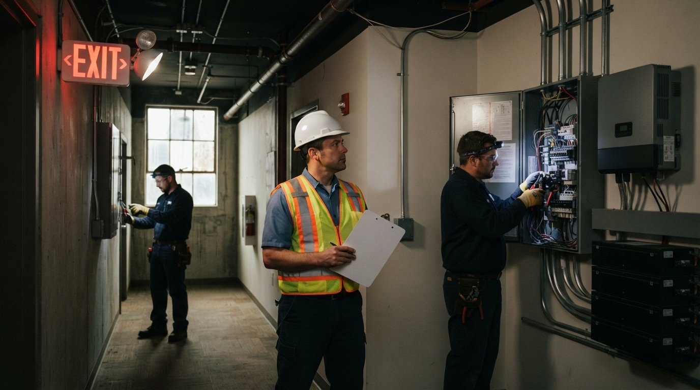 Facility manager in hard hat and safety vest checks a glowing red exit sign while an electrician wires a panel beside a…