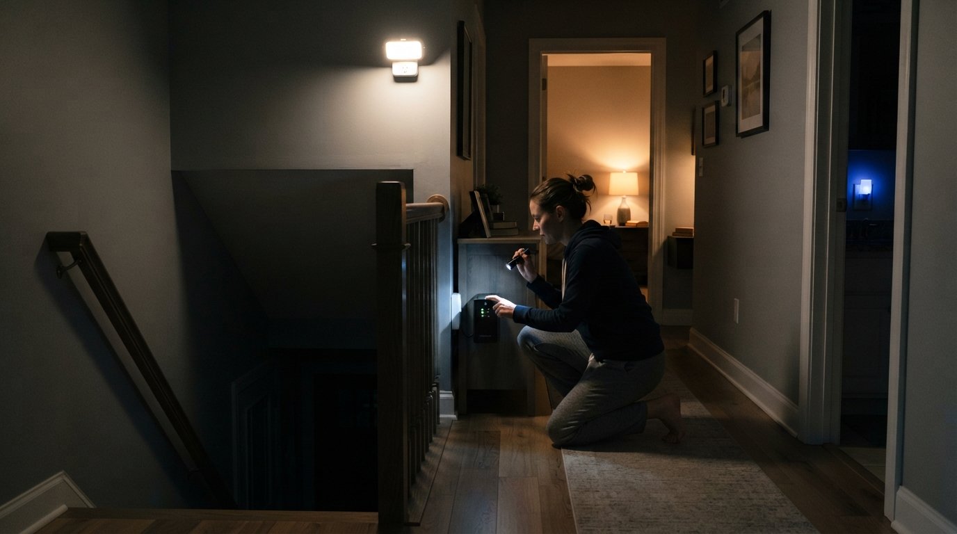 Wall-mounted LED emergency light illuminating a staircase and entryway at night while a homeowner checks a battery backup…