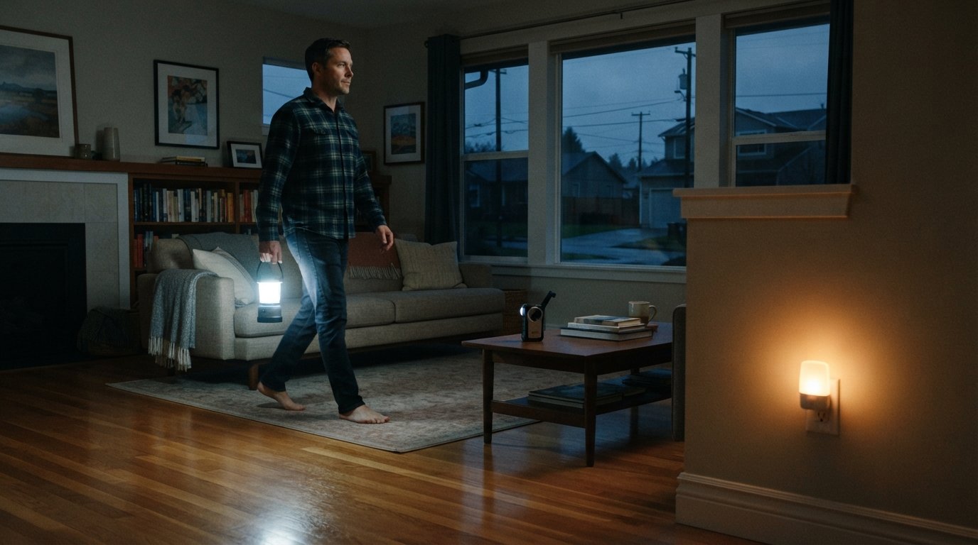 Man holding a modern LED lantern walks through a dim living room as a plug-in nightlight glows near the floor