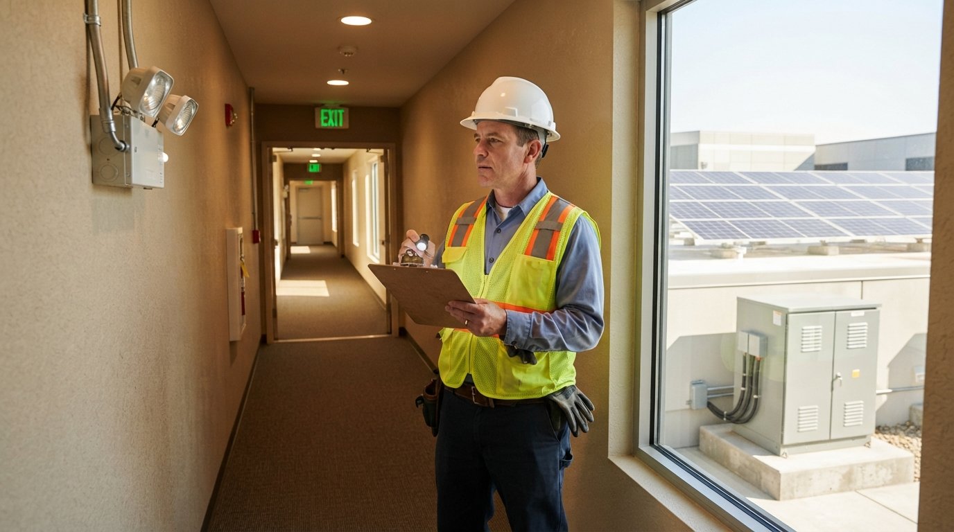 Facilities manager in hard hat and safety vest checks a wall-mounted emergency light with a clipboard in a corridor, EXIT…