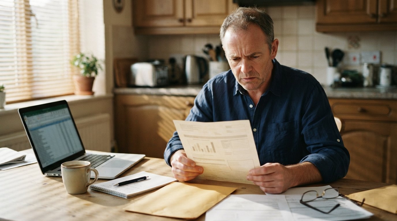 Worried middle-aged man in a button-down shirt holds an official document at a cluttered kitchen table with a laptop,…