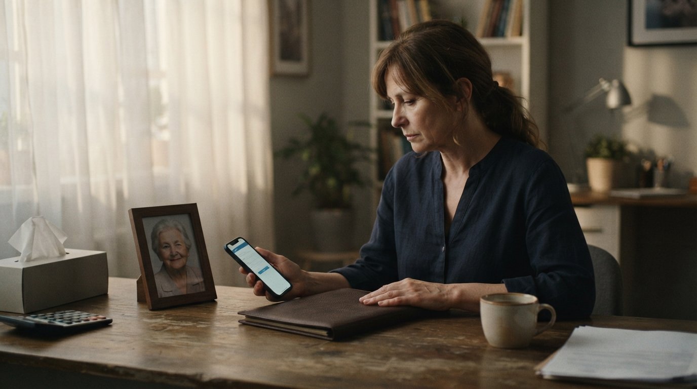 Woman in a navy blouse at a wooden desk holding a smartphone with a loan application, a folder of funeral documents and a…