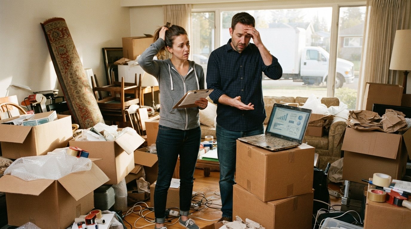 Stressed couple surrounded by half-packed cardboard boxes and stacked furniture in a cluttered living room, a laptop open…