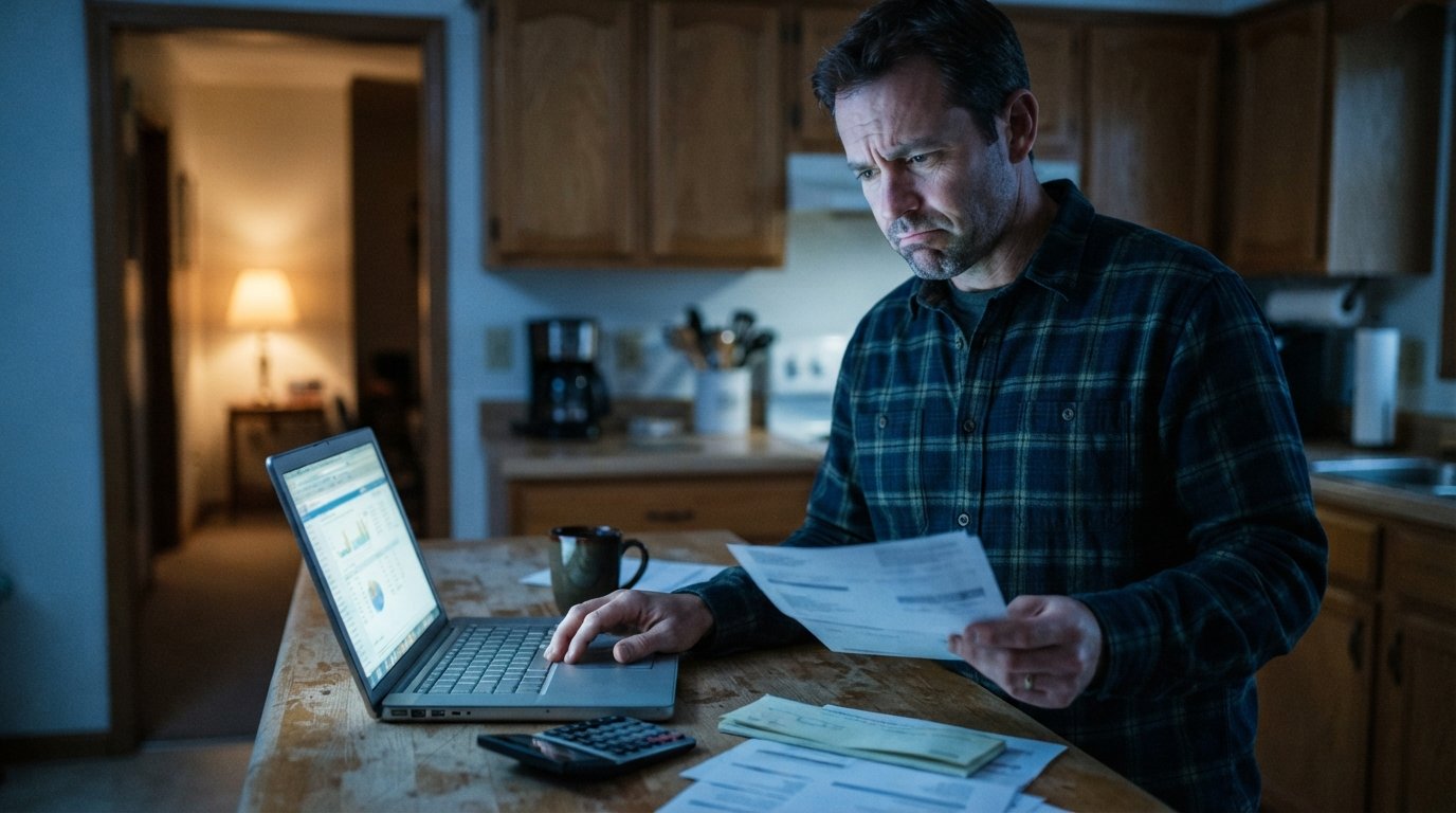Man in flannel shirt holding a past-due utility bill and property tax notice while looking at a laptop in a dim kitchen
