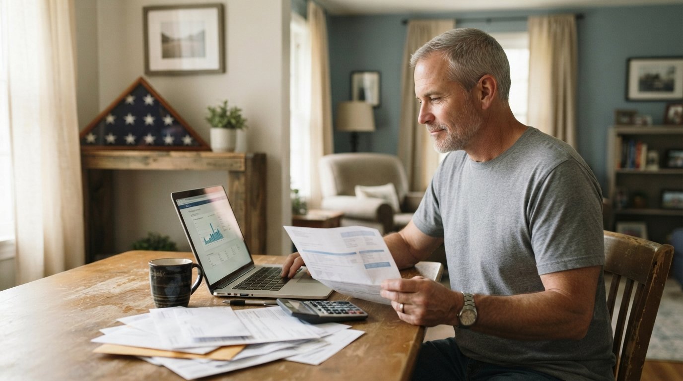 Middle-aged veteran in a gray t-shirt reviews a laptop and bank statement at a kitchen table with envelopes, a coffee mug,…