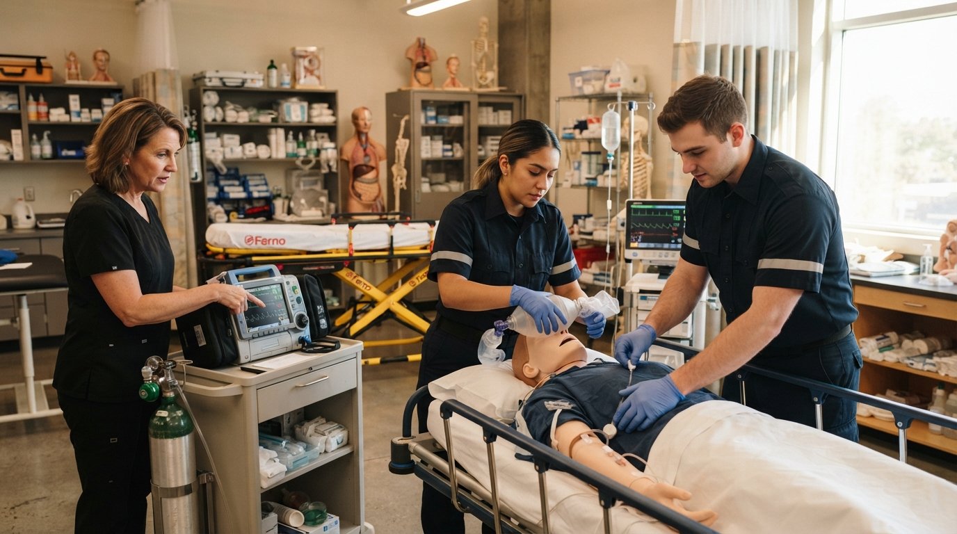 Two EMT paramedic students in navy blue uniforms practice patient care on a training mannequin in a college simulation lab…