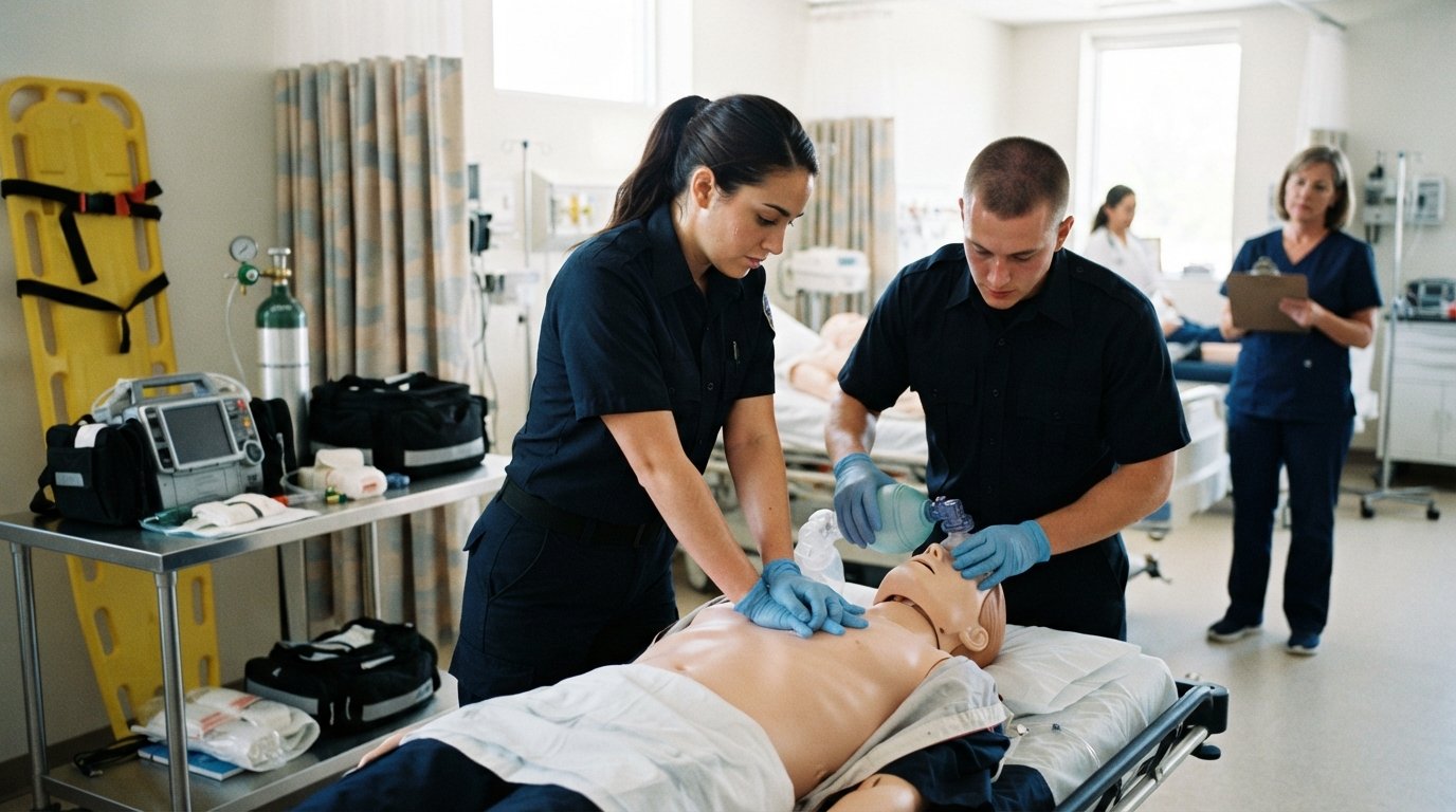 Two EMT paramedic students in navy uniforms practice CPR and ventilation on a training manikin in a bright simulation lab,…