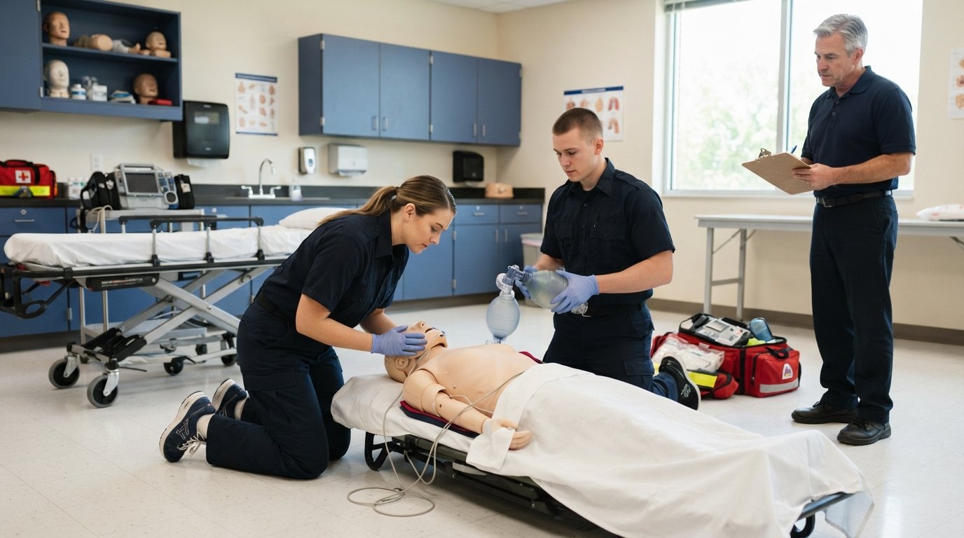 Two EMT students in navy uniforms practice airway care on a training manikin with a bag-valve mask as an instructor…