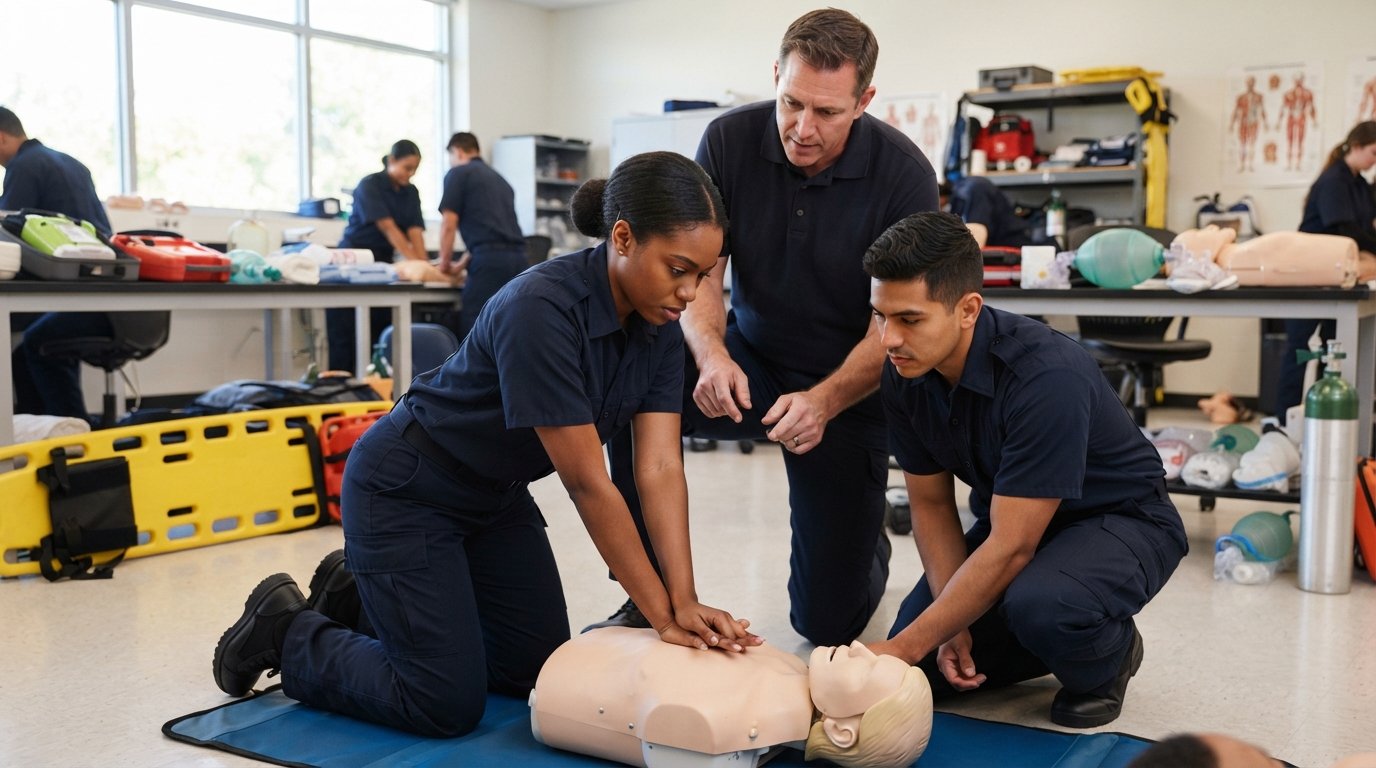 Diverse EMT students in navy blue uniforms practice CPR chest compressions on a training manikin while an instructor in a…