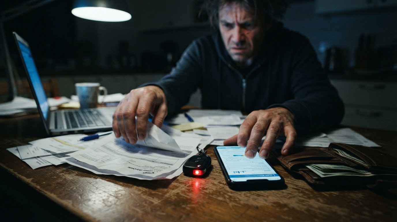 Close-up of hands sorting a car repair invoice, car key fob, and smartphone on a cluttered kitchen table