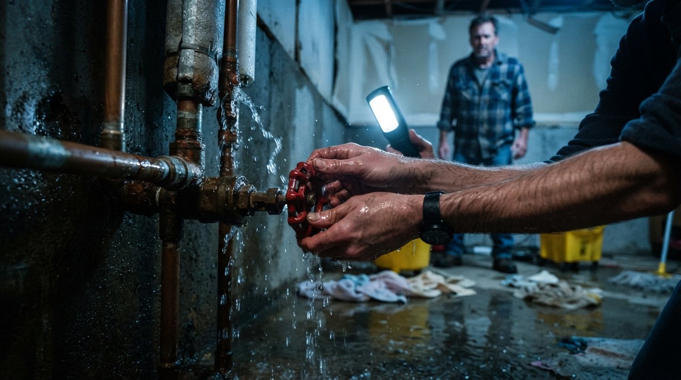Hands in a dim basement turning a red metal water shutoff valve clockwise while water splashes nearby