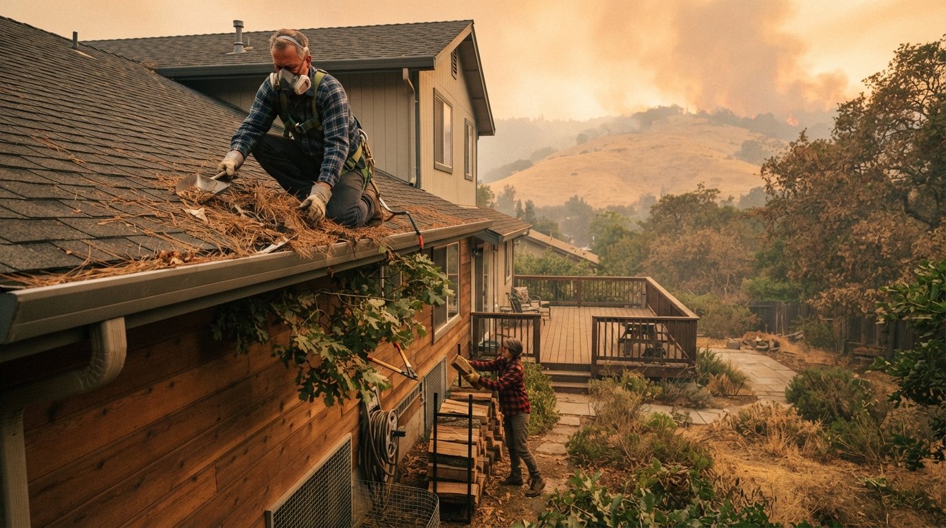 Homeowner in respirator mask and gloves clears pine needles from roof gutters while another person stacks firewood away…