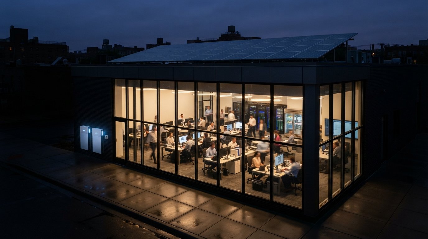 Modern commercial building fully lit at dusk during a neighborhood blackout, powered by rooftop solar panels and…
