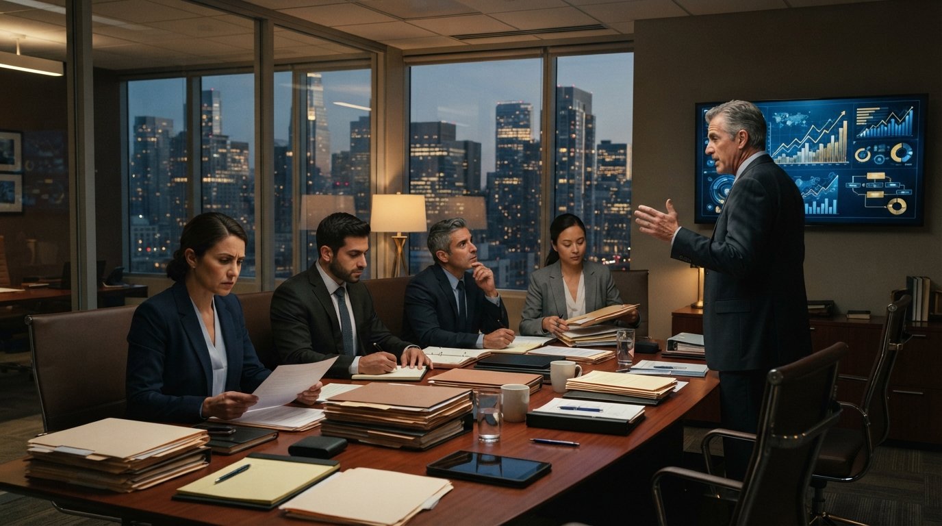 Diverse attorneys in dark suits meet around a mahogany conference table with case files and a 2026 calendar as one gestures…