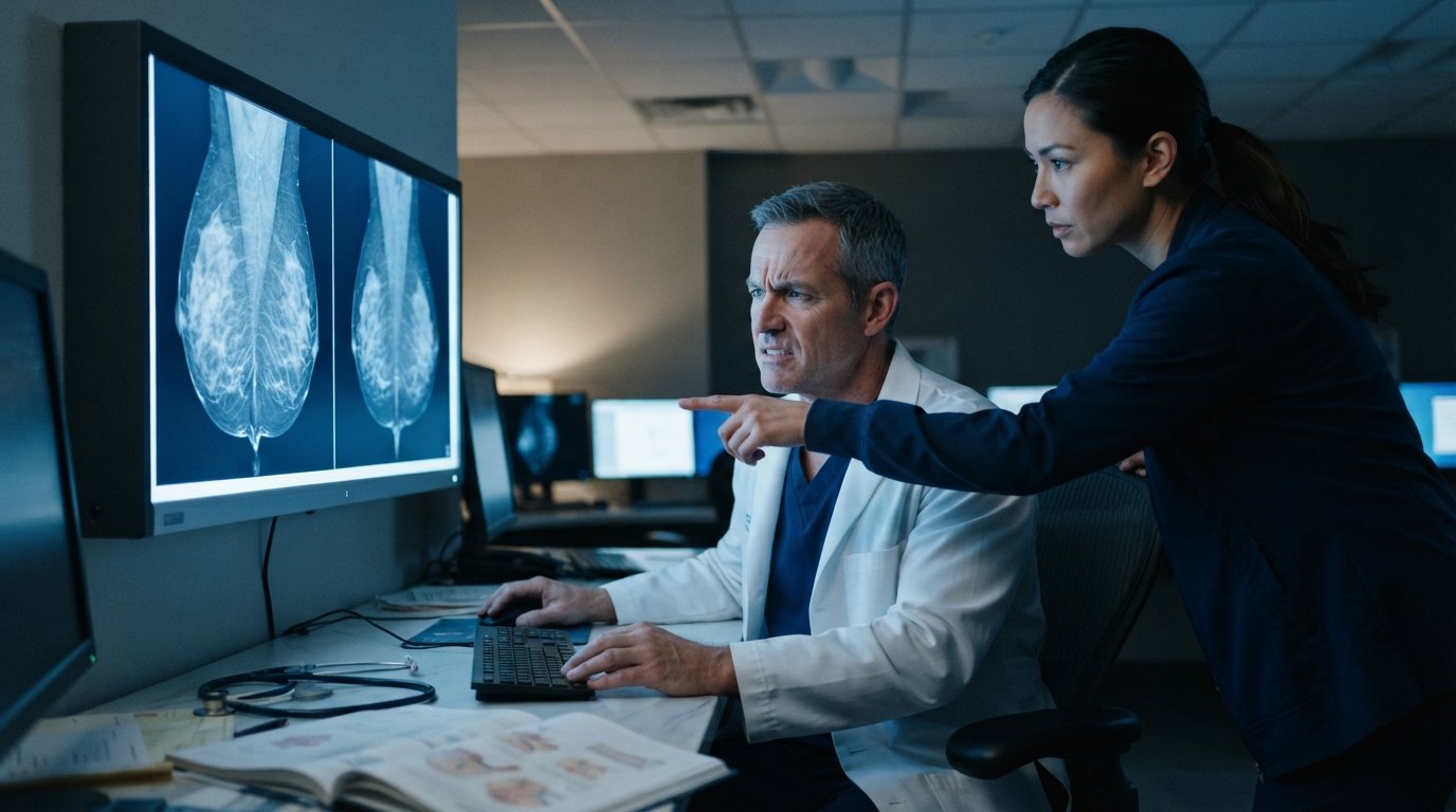Two clinicians in a dim radiology reading room examine a mammogram on a large monitor; one physician in a white coat sits…