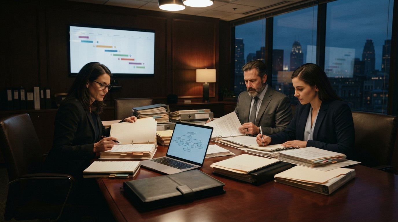 Three legal professionals in business attire review case files and binders around a mahogany conference table with a…