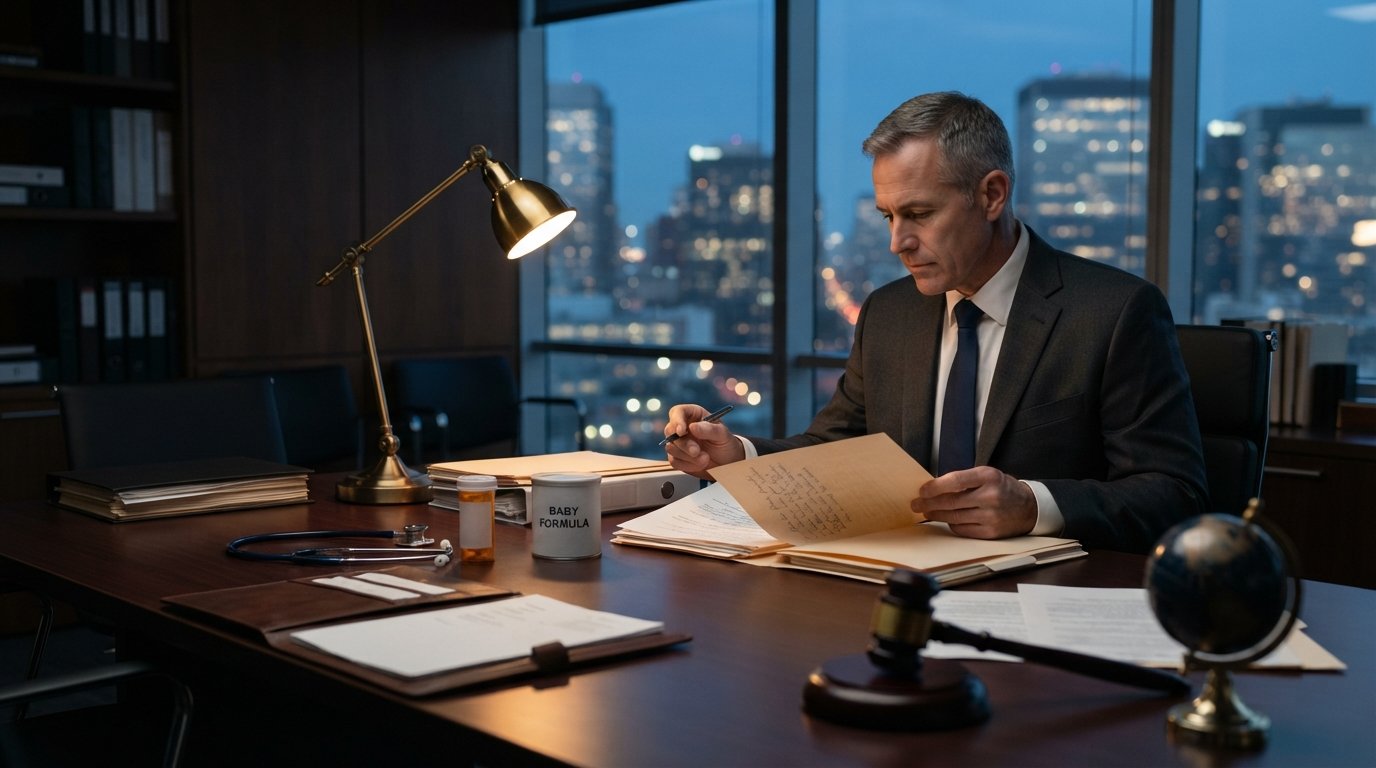 Attorney in a charcoal suit reviewing case files at a mahogany conference table with legal documents, a stethoscope, pill…