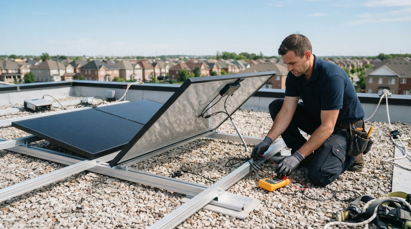 Solar installer in navy polo kneels beside frameless dark panels, testing wiring with a digital multimeter on a gravel roof