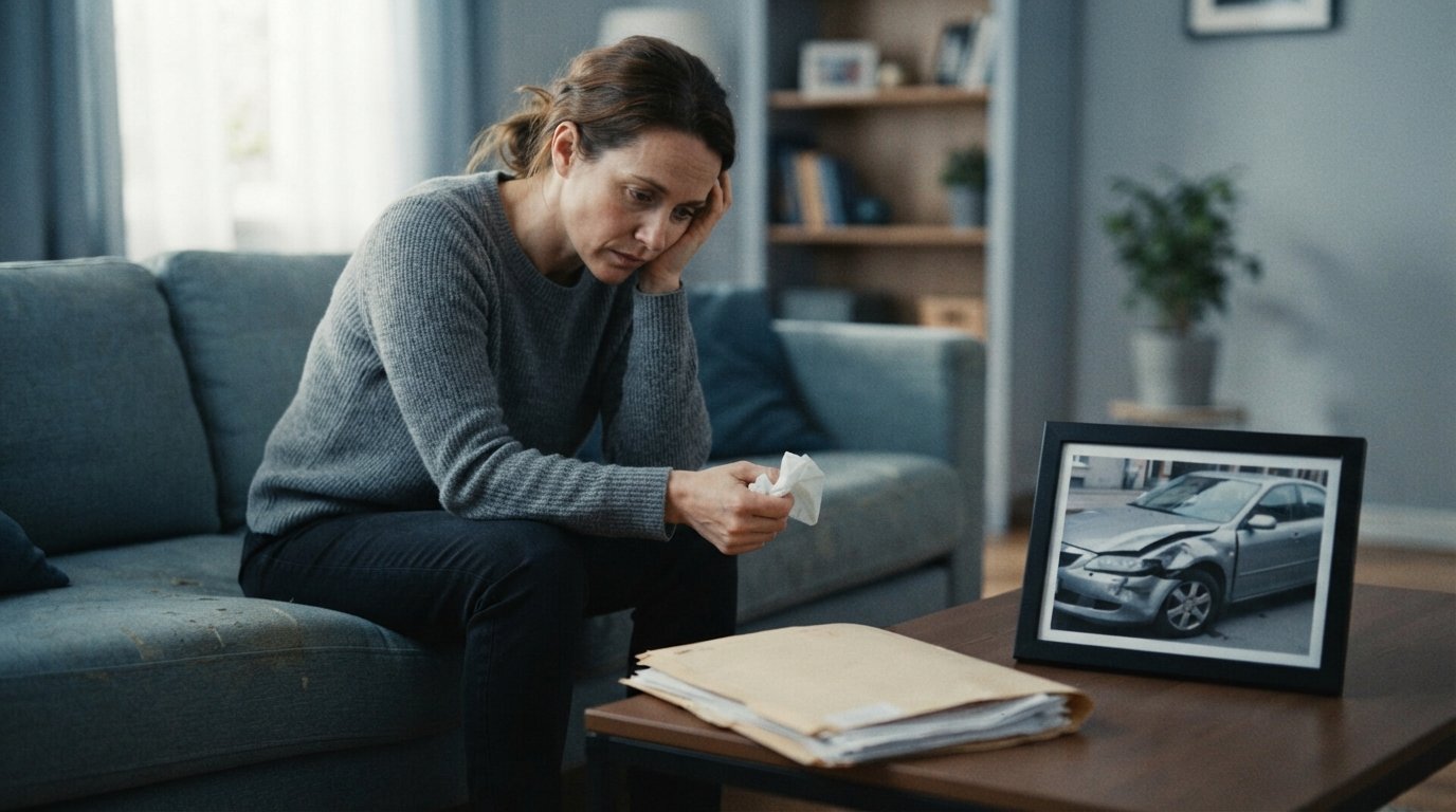 Anxious woman sitting on a couch holding a tissue, with a framed photo of a damaged car and medical documents on the table