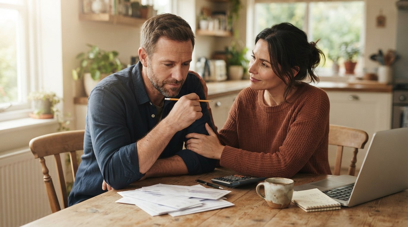Worried man looking down at bills as woman rests her hand on his arm at a kitchen table with a laptop and calculator