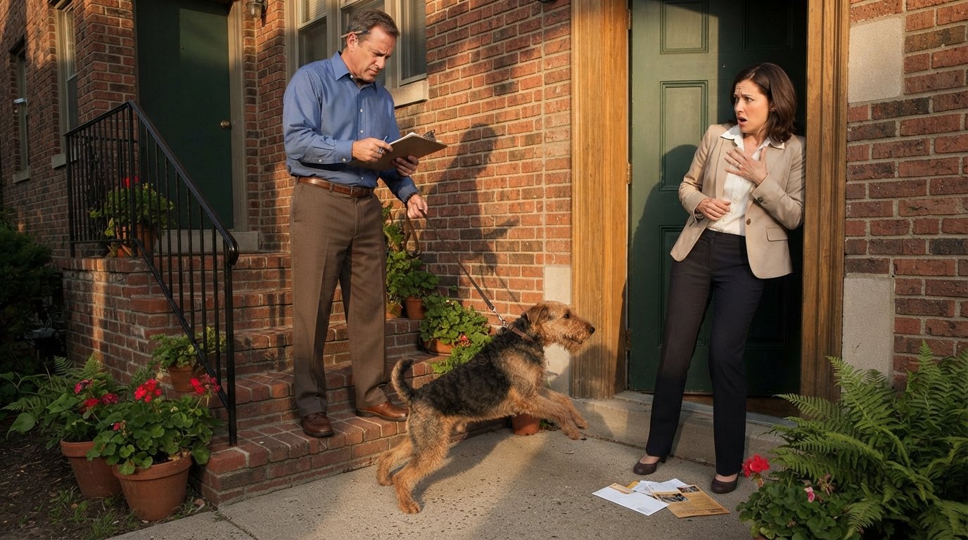 Landlord with a clipboard stands on brick apartment steps as a leashed medium-sized dog pulls toward a startled woman near…
