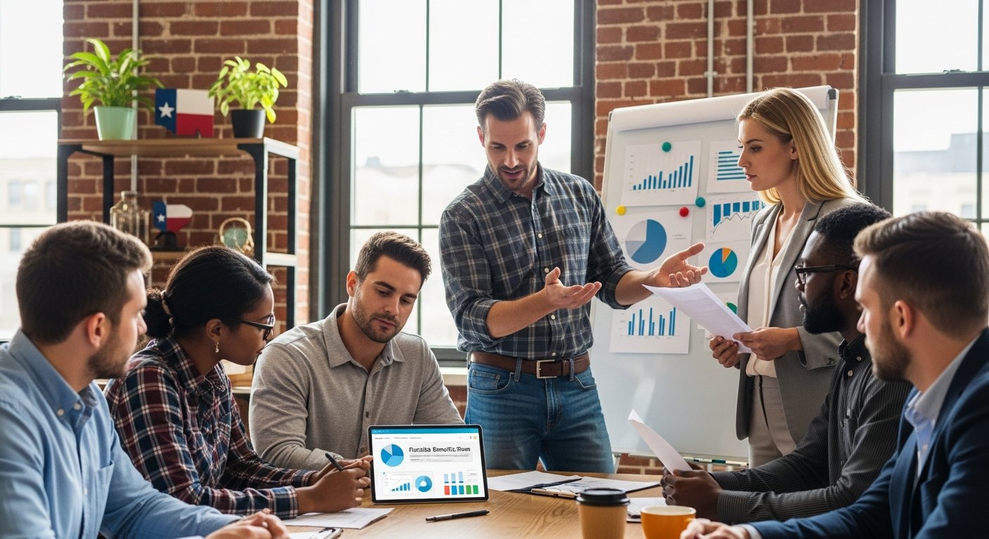 Diverse Texas small business owners and employees in a bright office with exposed brick, gathered around a wooden table…