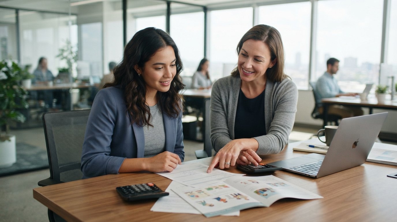 Employee in business casual attire reviews tuition assistance forms and a course catalog with an HR representative at a…