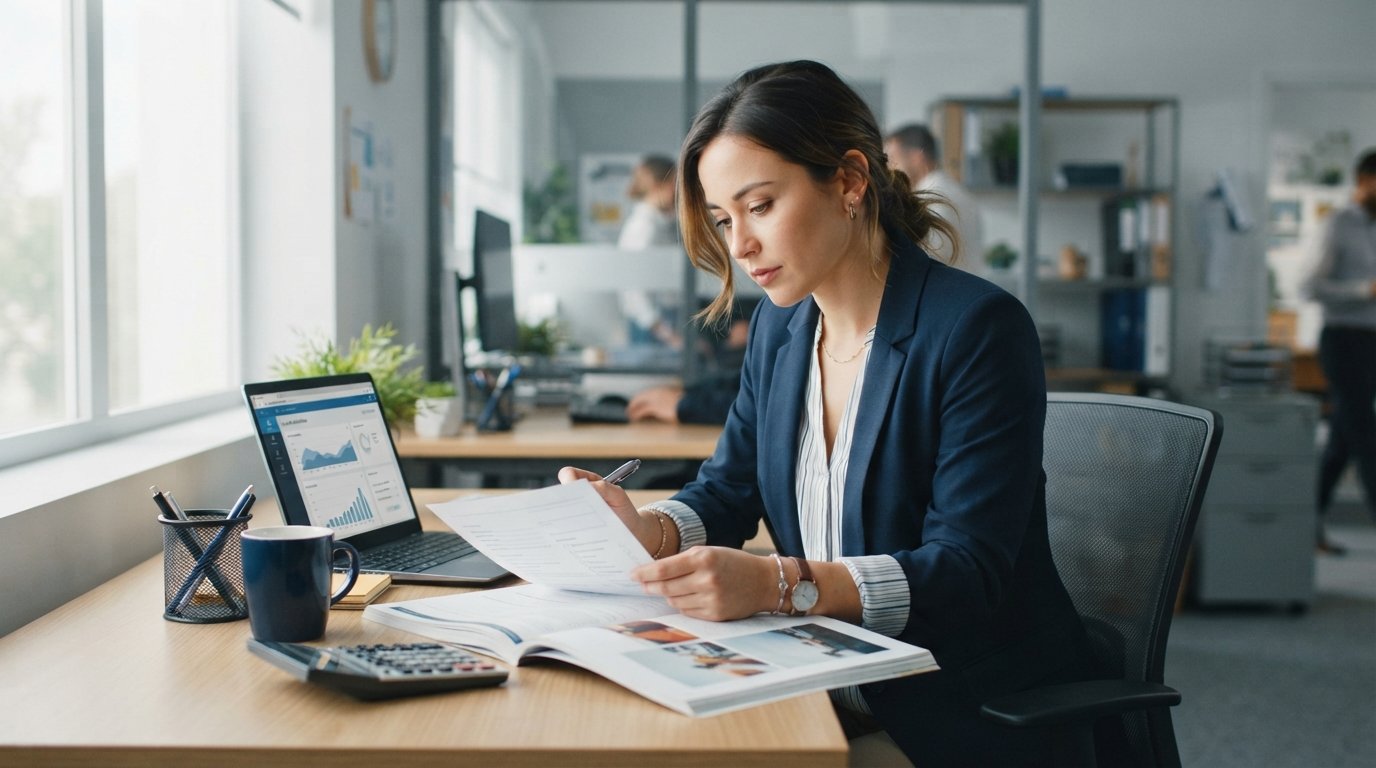 Young professional at a desk reviewing a tuition reimbursement form beside a laptop, course catalog, calculator, and coffee…