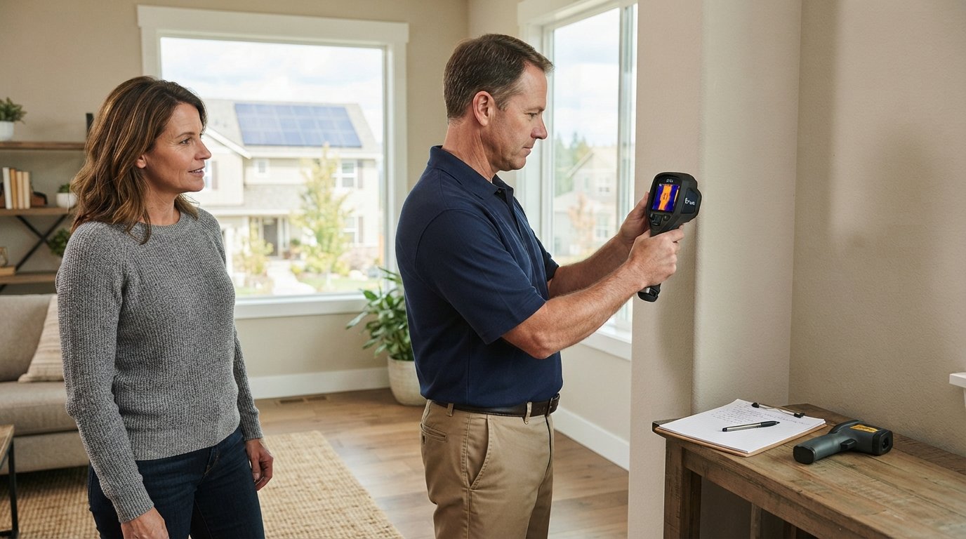 Energy auditor in navy polo uses a thermal imaging camera on a home wall while a homeowner watches nearby.