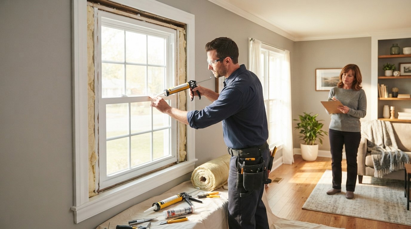 Contractor in navy shirt and safety glasses installs a white double-pane window as a homeowner reviews an energy audit…