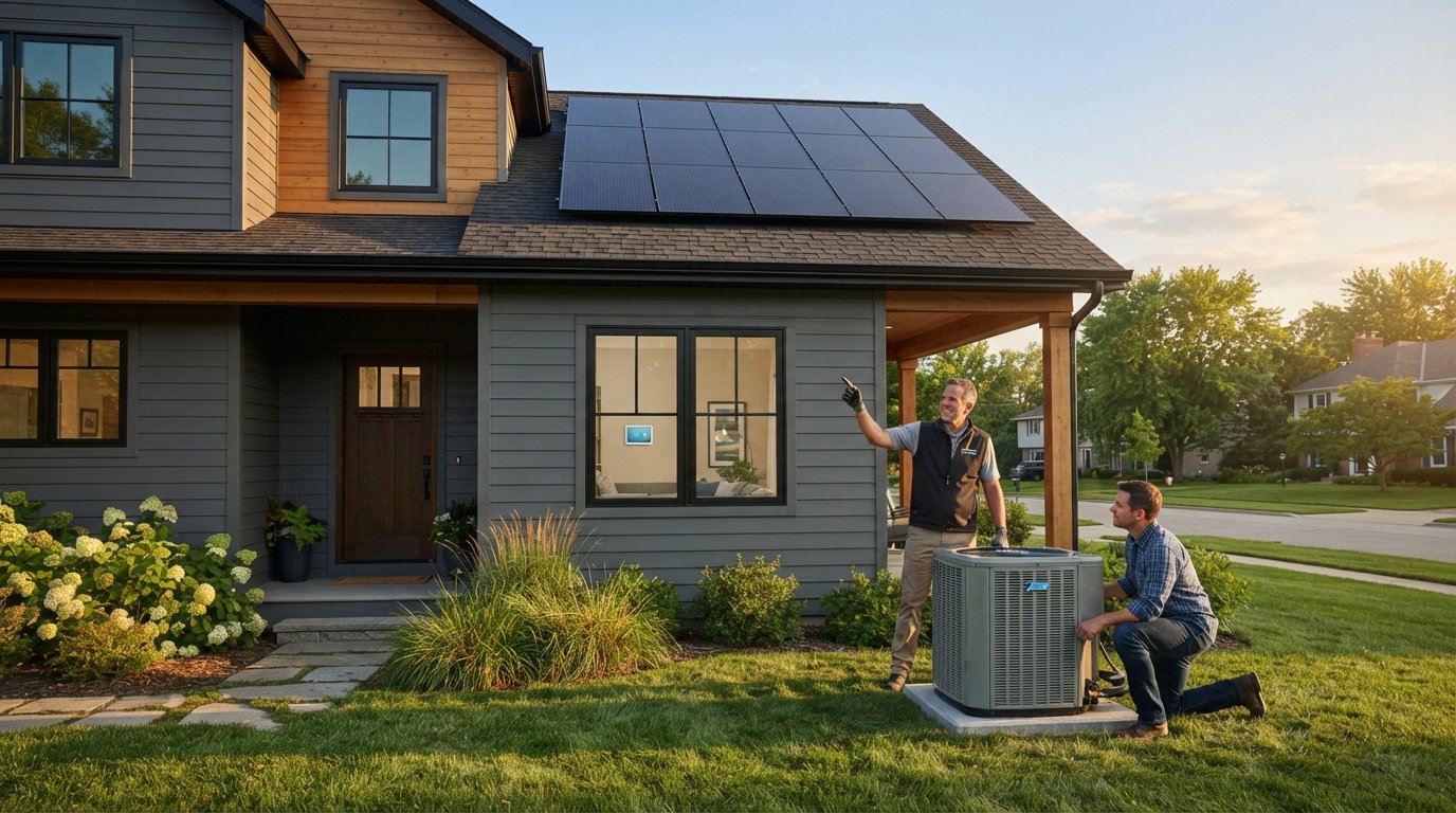 Homeowner and contractor reviewing a new HVAC unit and solar panels outside a modern suburban house at golden hour