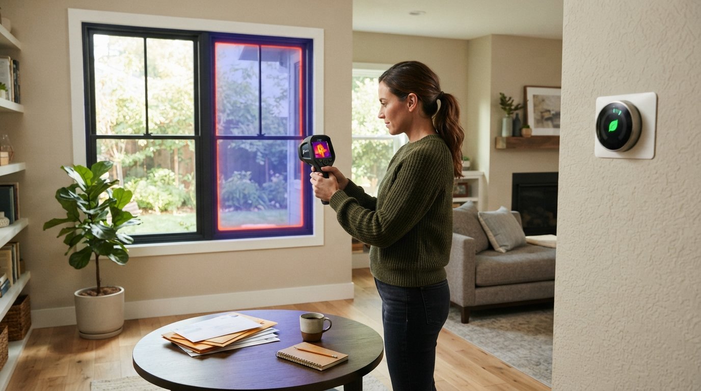Person holding a thermal imaging camera near a large window in a sunlit living room, with a red-orange glow showing a draft…