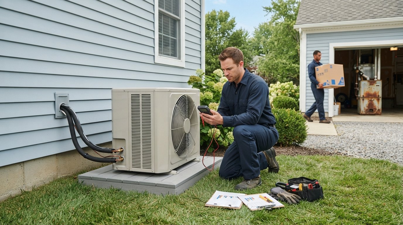 HVAC technician in navy uniform kneels beside a new heat pump condenser, using a digital multimeter on refrigerant lines…