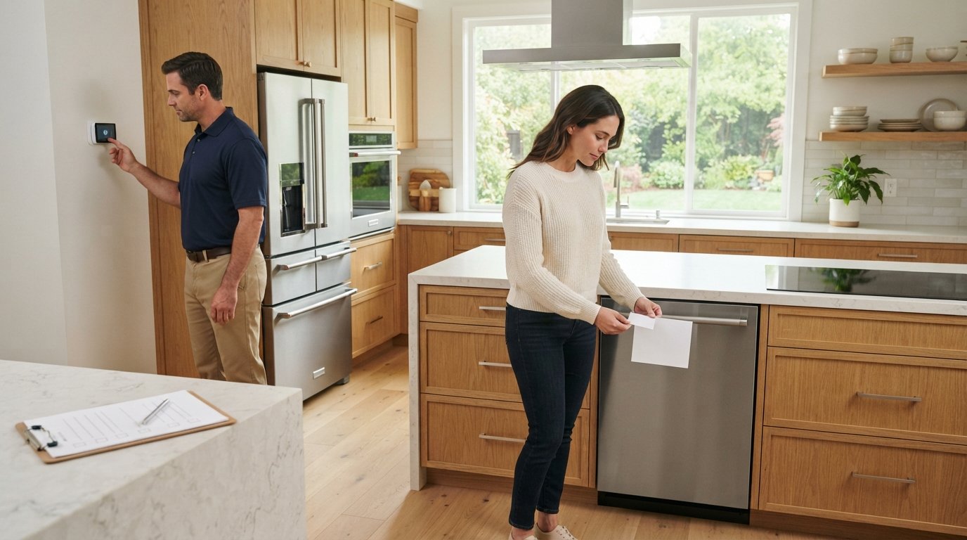 Contractor in navy polo inspecting a smart thermostat while a homeowner reads an energy guide label in a bright kitchen…