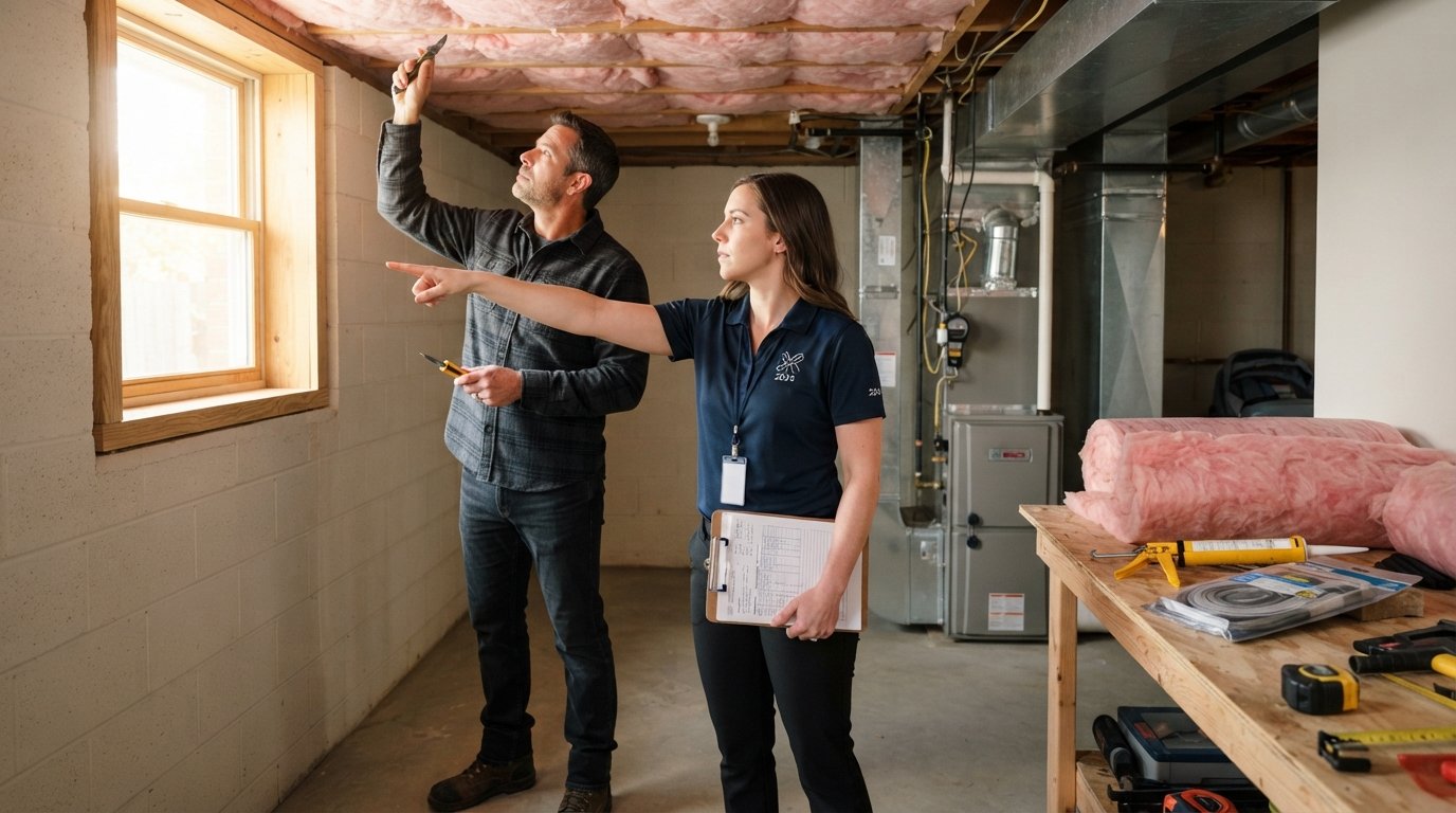 Homeowner and energy auditor inspect attic insulation and a high-efficiency furnace in a bright basement, with the auditor…