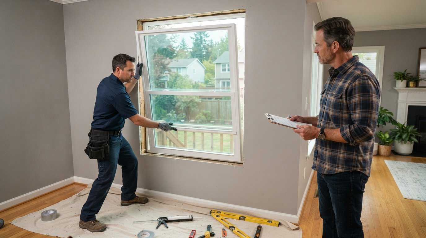Contractor in a navy work shirt installs a white vinyl double-pane window with low-E glass as a homeowner watches in a…