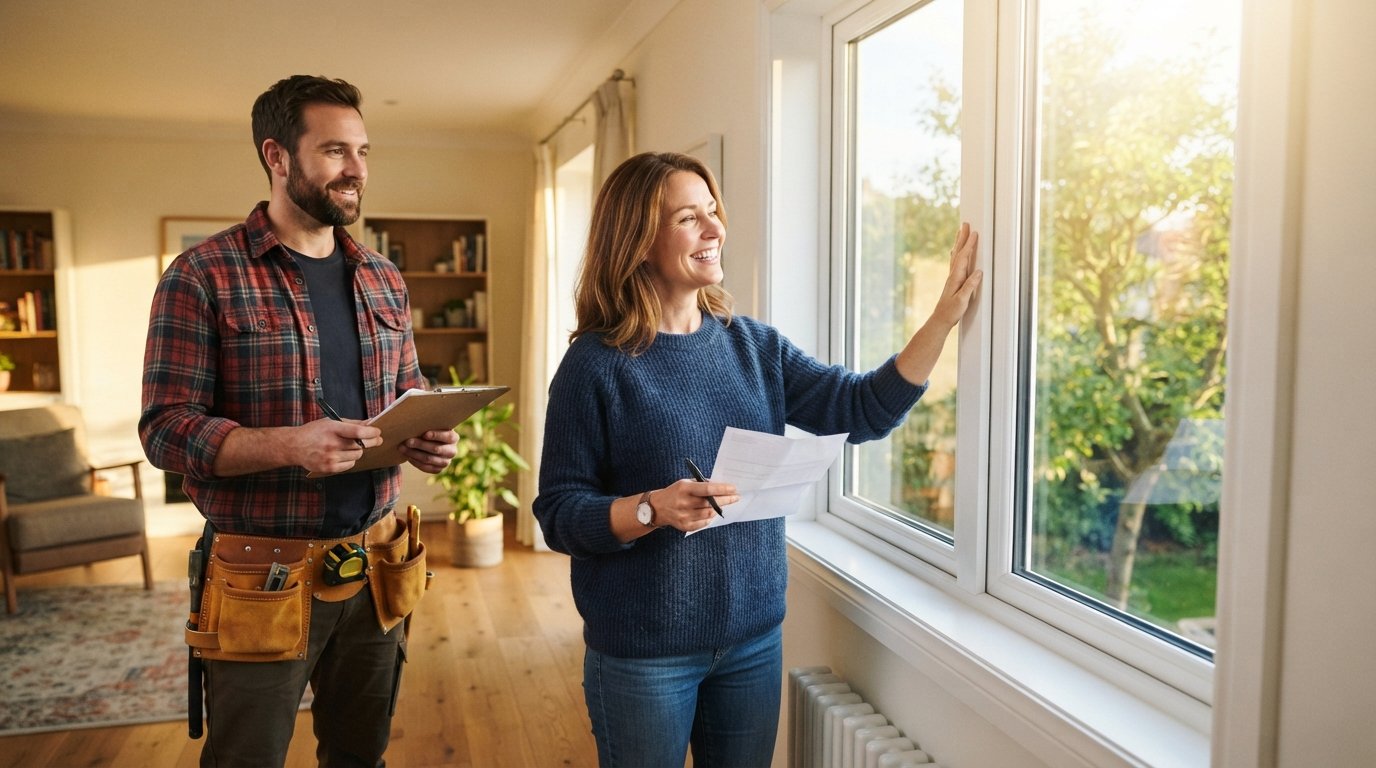 Smiling homeowner touching a new double-pane window while a contractor holds a clipboard in a sunlit room