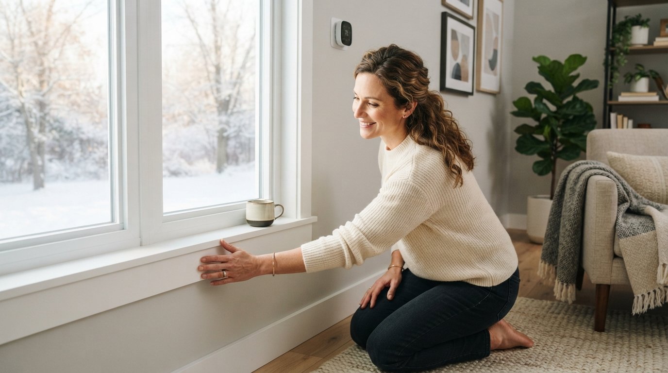 Person in a sweater running a hand along the base of a new white vinyl double-pane window, with a digital thermostat…