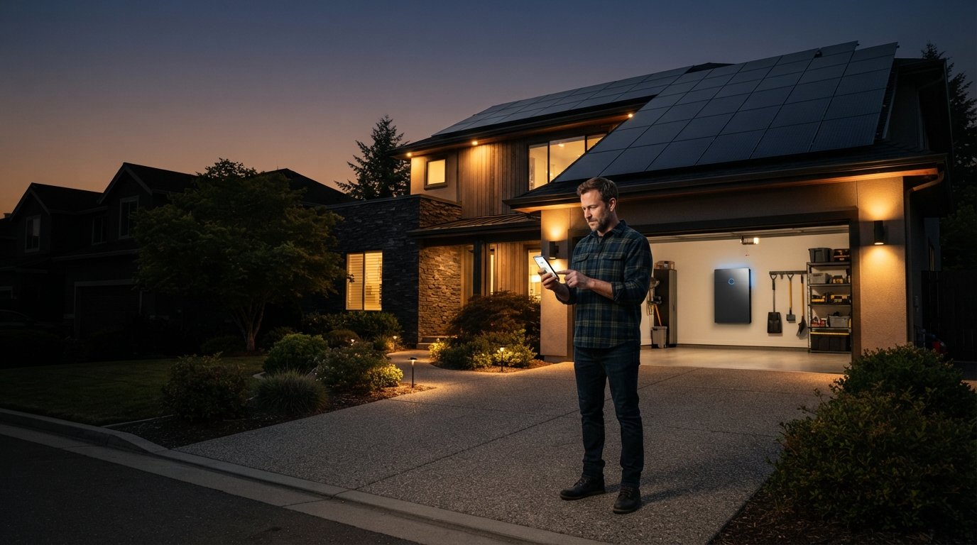 Modern suburban home with rooftop solar panels at dusk, homeowner checking energy monitor on smartphone, garage wall…