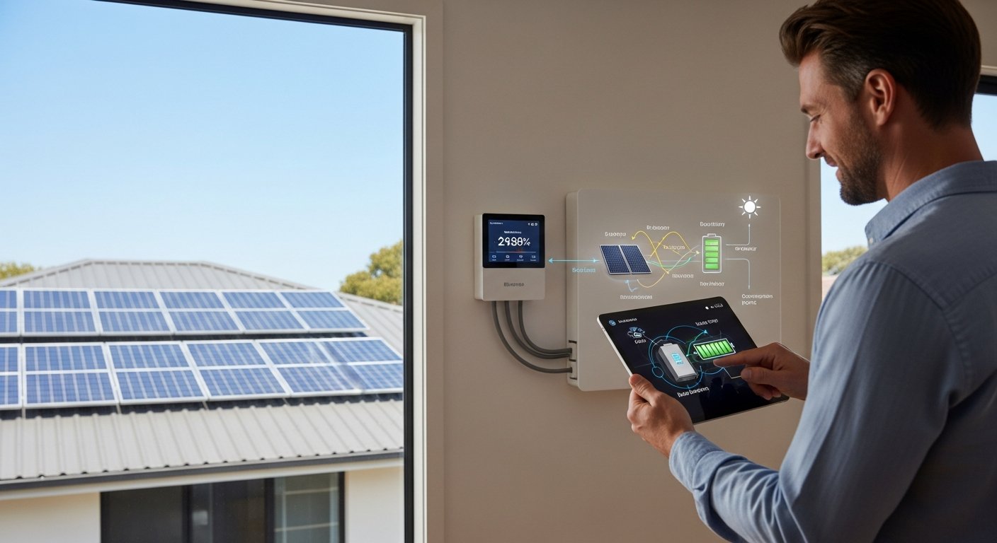 Middle-aged homeowner in sunlit living room holding tablet showing solar energy flow diagram, with rooftop solar panels…