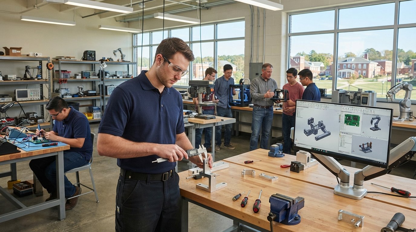 Student in safety glasses and navy polo measuring a metal bracket with digital calipers at a workbench beside a CAD…