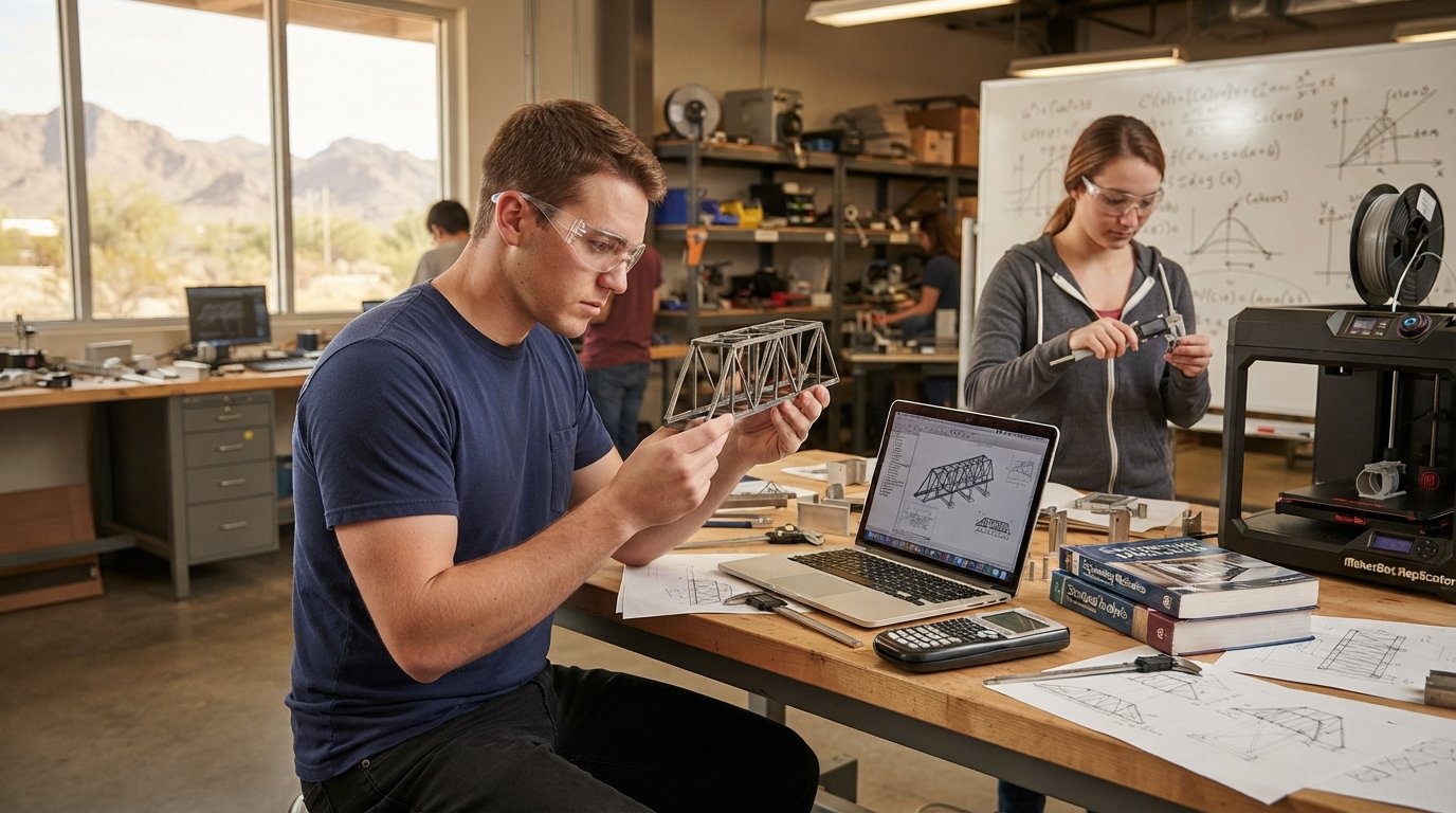 Student in safety glasses examines a metal bridge-truss model on a workbench with textbooks, calculator, and laptop showing…