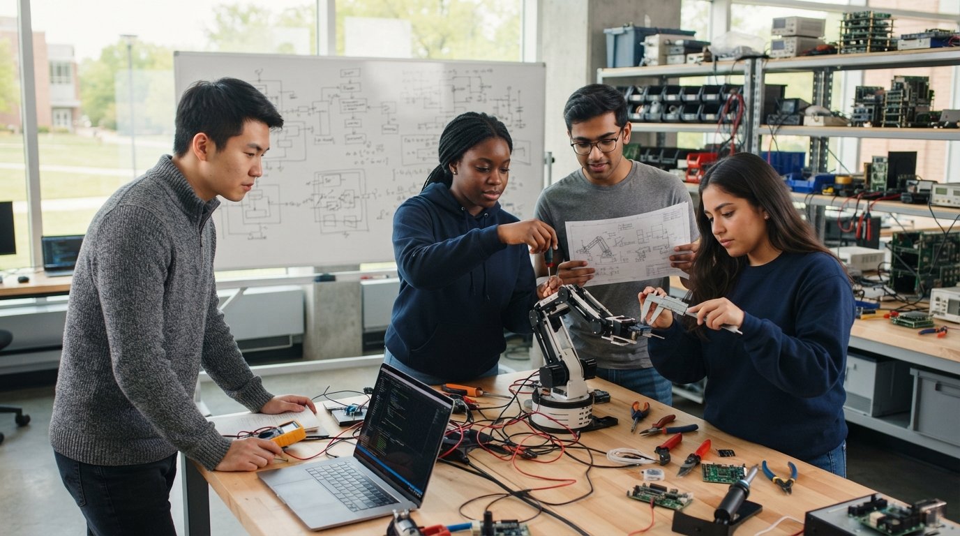 Four diverse engineering students work around a lab bench, one adjusting a robotic arm, another holding calipers, with a…